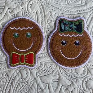 Gingerbread Girl & Boy Mug-rug, 2 Pack Embroidered Felt Mug Rugs.